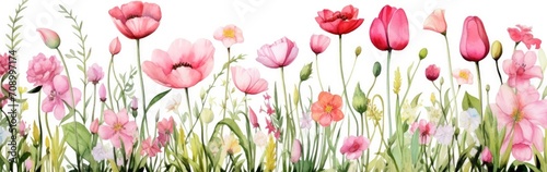Tulips flowers. Watercolor illustration banner on white background #708997174