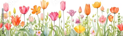 Tulips flowers. Watercolor illustration banner on white background #708997189