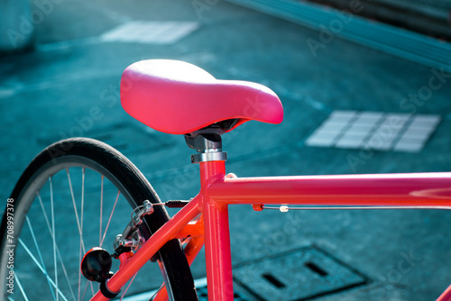 Pink bicyce saddle close up and focused photo