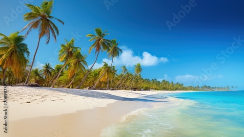 beautiful beach and tropical sea with green coconut trees, clear blue sky © vanzerim