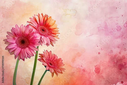 Banner with delicate gerbera flowers on a blurred bright background. Сomposition with copy space.