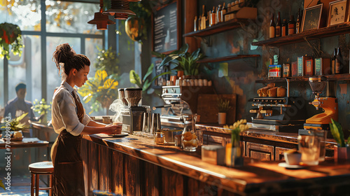 Stylish urban cafe with patrons enjoying their drinks and brutal female barista with a dreads wearing an casual uniform while crafting a latte, cozy interior photo