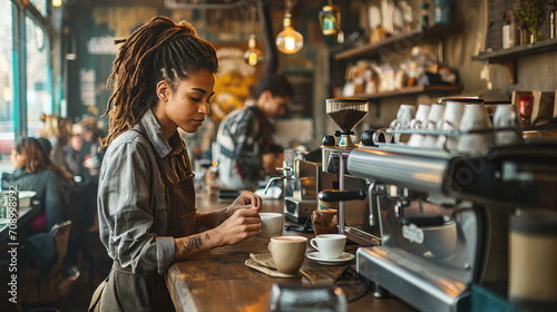Stylish urban cafe with patrons enjoying their drinks and brutal female barista with a dreads wearing an casual uniform while crafting a latte  cozy interior