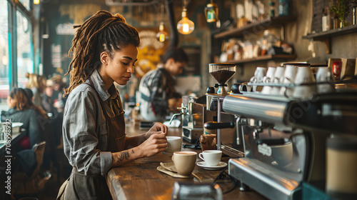 Stylish urban cafe with patrons enjoying their drinks and brutal female barista with a dreads wearing an casual uniform while crafting a latte, cozy interior photo