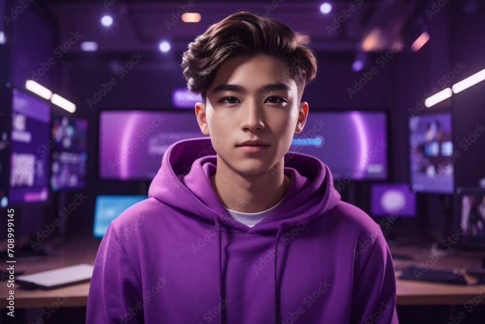 Fototapeta premium a handsome man in a purple hoodie standing in front of a computer screen, youtube avatar character, 4k 