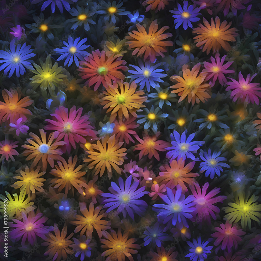 Colorful glowing wildflower at night. 