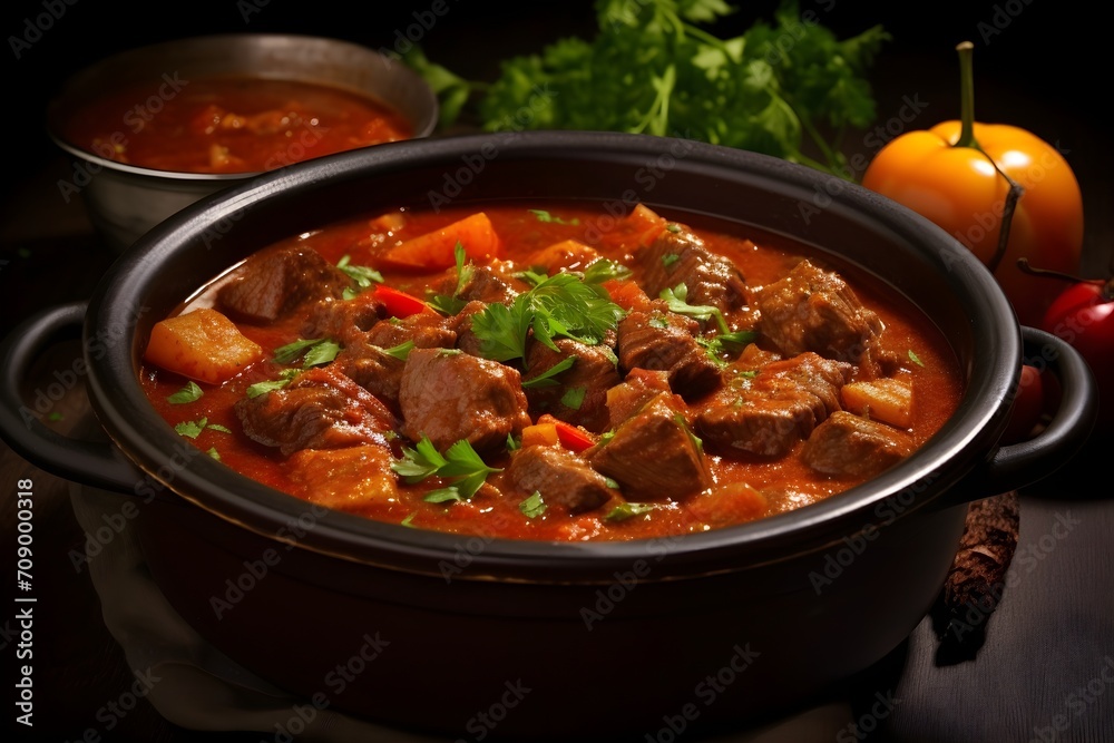 Hungarian goulash, a hearty stew of meat and vegetables, rich in paprika-infused flavors Hungarian goulash, a hearty stew of meat and vegetables, rich in paprika-infused flavors