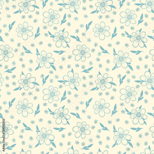 Pastel blue daisy flowers with foliage and tiny flowers on beige white