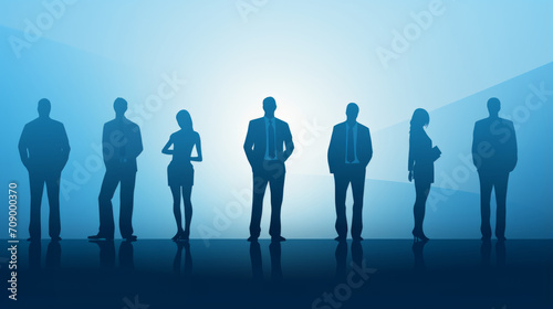 Silhouettes of group of business people standing in line on sky blue background