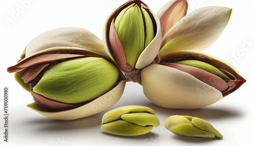 Isolated pistachio nuts in close-up against a white background