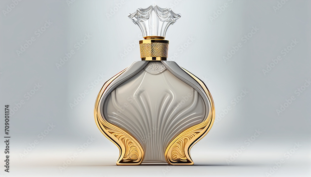 A perfume bottle with a front view isolated against a white background A perfume bottle with a front view isolated against a white background