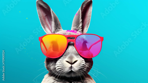 Cool bunny with sunglasses on colorful background. 