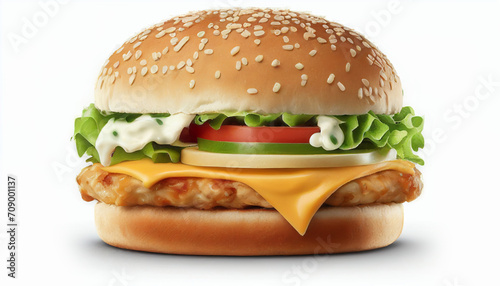 A white background with an isolated front view of a chicken burger with cheese and green salad