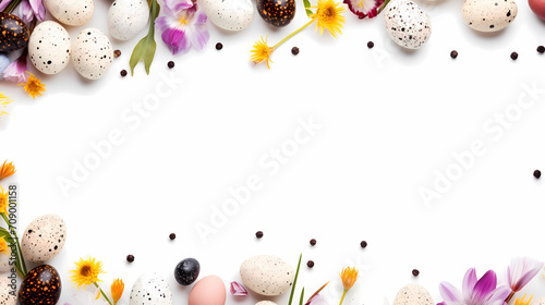 Easter quail eggs and springtime flowers over white background. Spring holidays concept with copy space. Top view