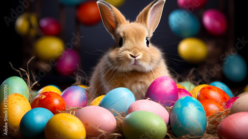 Happy Easter Bunny with many colorful easter eggs. 