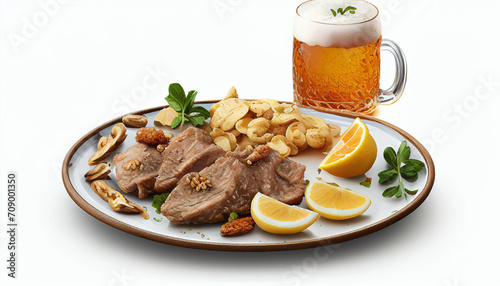 Fried meat with beer, lemon, and nuts in front, isolated on a white background