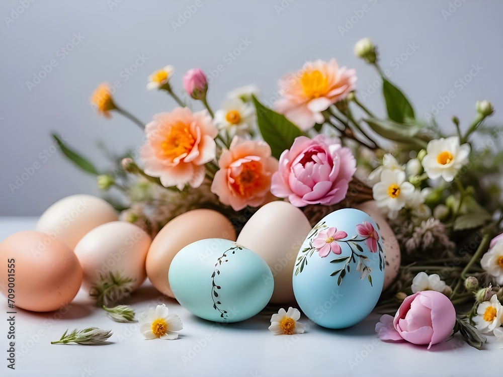 a beautifully arranged table with easter eggs and flowers. 