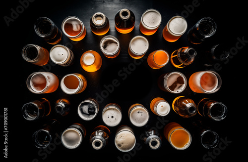 Different types of beer isolated on black background, top view
