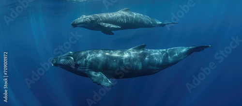 A young sperm whale swims with its family. © AkuAku