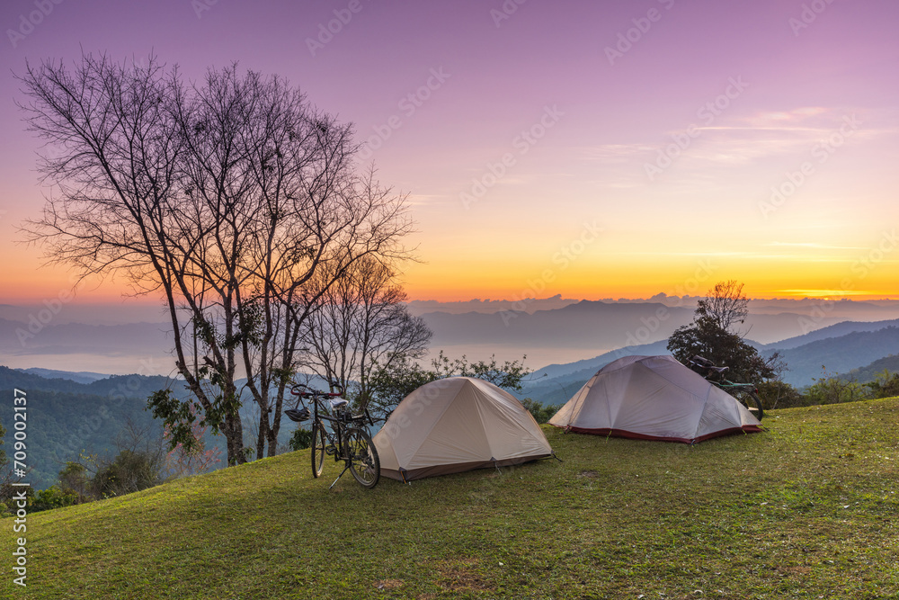 Tourist tent on hight moutain at Doi Mae-ta-man, Chiang Mai Province, Thailand.