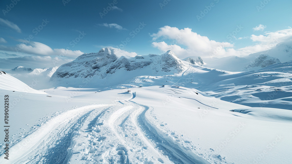Stunning panoramic view of snowy mountain range. The untouched powder snow with ski tracks crisscrossing. Bright and crisp winter day with snow capped peaks and clear blue sky. Cold adventure and expe