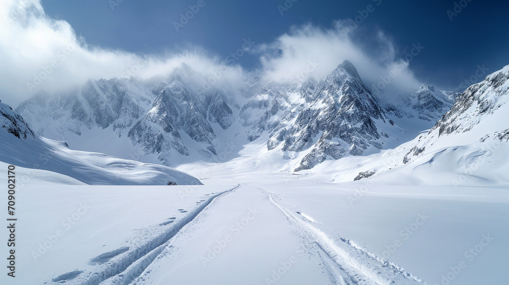 Stunning panoramic view of snowy mountain range. The untouched powder snow with ski tracks crisscrossing. Bright and crisp winter day with snow capped peaks and clear blue sky. Cold adventure and expe