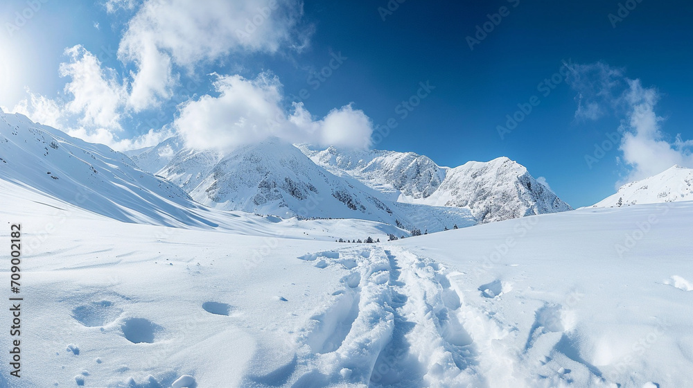 Stunning panoramic view of snowy mountain range. The untouched powder snow with ski tracks crisscrossing. Bright and crisp winter day with snow capped peaks and clear blue sky. Cold adventure and expe Stunning panoramic view of snowy mountain range. The untouched powder snow with ski tracks crisscrossing. Bright and crisp winter day with snow capped peaks and clear blue sky. Cold adventure and expe
