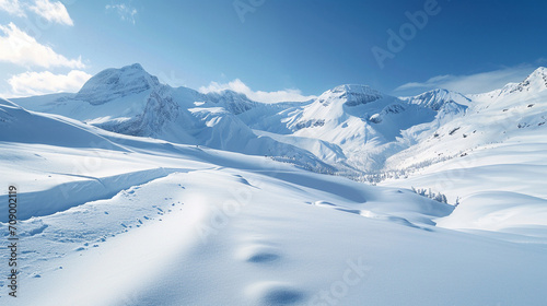 Stunning panoramic view of snowy mountain range. The untouched powder snow with ski tracks crisscrossing. Bright and crisp winter day with snow capped peaks and clear blue sky. Cold adventure and expe © Moritz