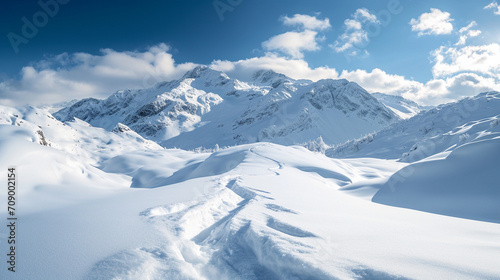 Stunning panoramic view of snowy mountain range. The untouched powder snow with ski tracks crisscrossing. Bright and crisp winter day with snow capped peaks and clear blue sky. Cold adventure and expe