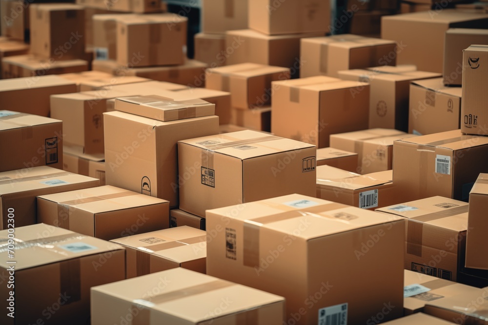 Fototapeta premium Cardboard box packages in warehouse distribution centre of multiple different sizes background