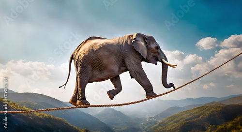 The elephant walking on the rope above the mountains in the blue sky. Visual with the theme of perseverance against the impossible.