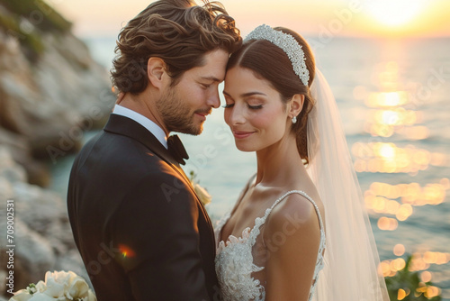 Young wedding couple enjoying romantic moments outside on a summer meadow