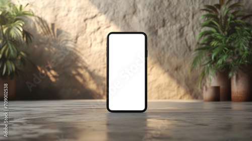 3D render mobile smartphone with white screen on natural concrete and plant background for advertising.