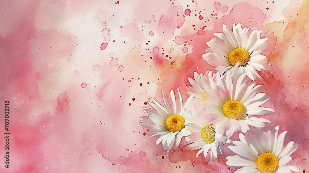 Spring or summer nature scene with blooming white daisies on soft pink watercolor background, copy space.