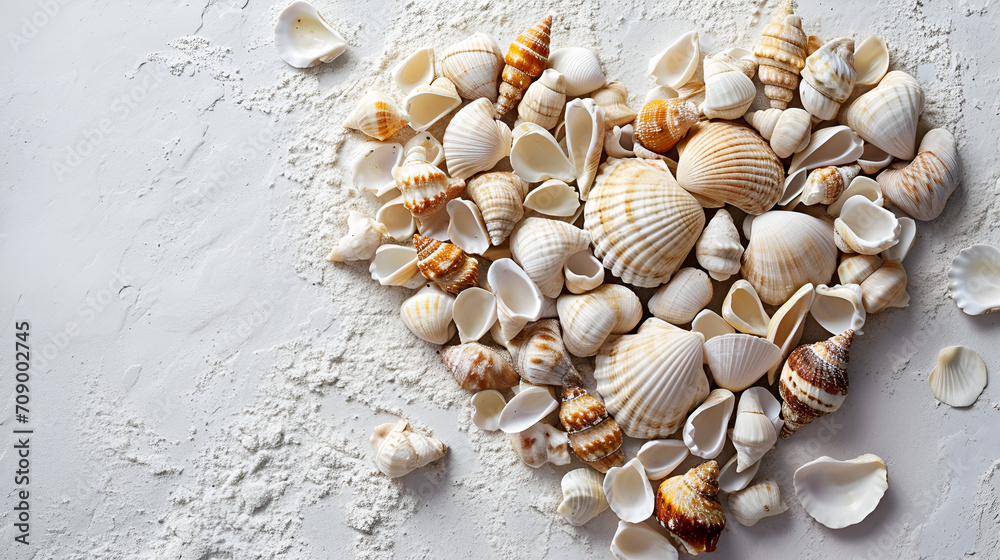 The heart made of seashells on the white paper background. Copy space. Flat lay, top view. Symbol. World Ocean Day. Valentine's Day celebration. Honeymoon concept, generative ai