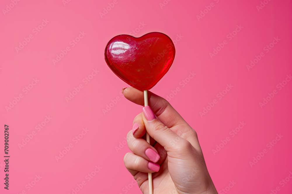 A female hand holding a valentine love heart candy lollipop