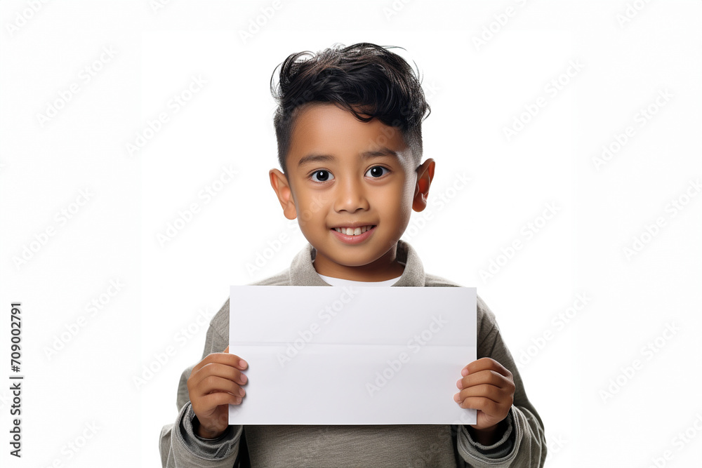 An Asian boy holding a white placard isolated on white background An Asian boy holding a white placard isolated on white background