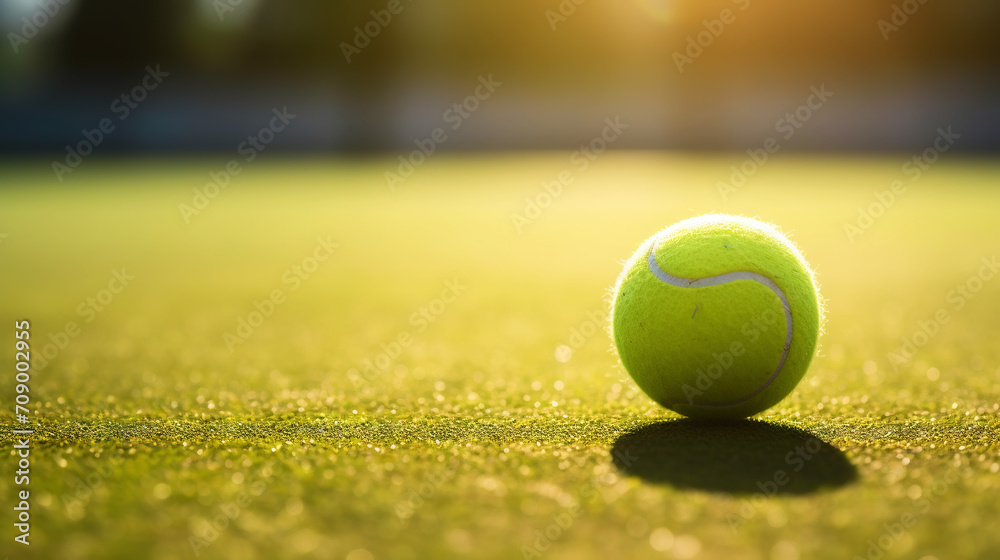 Closeup of tennis ball on empty court. Sunset, sun rays. Concept of a sporty lifestyle. Generative AI