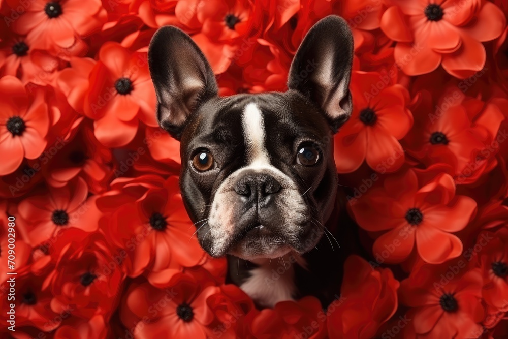 Charming dog Enjoying Spring Blossoms on a colour Backdrop - Generative AI