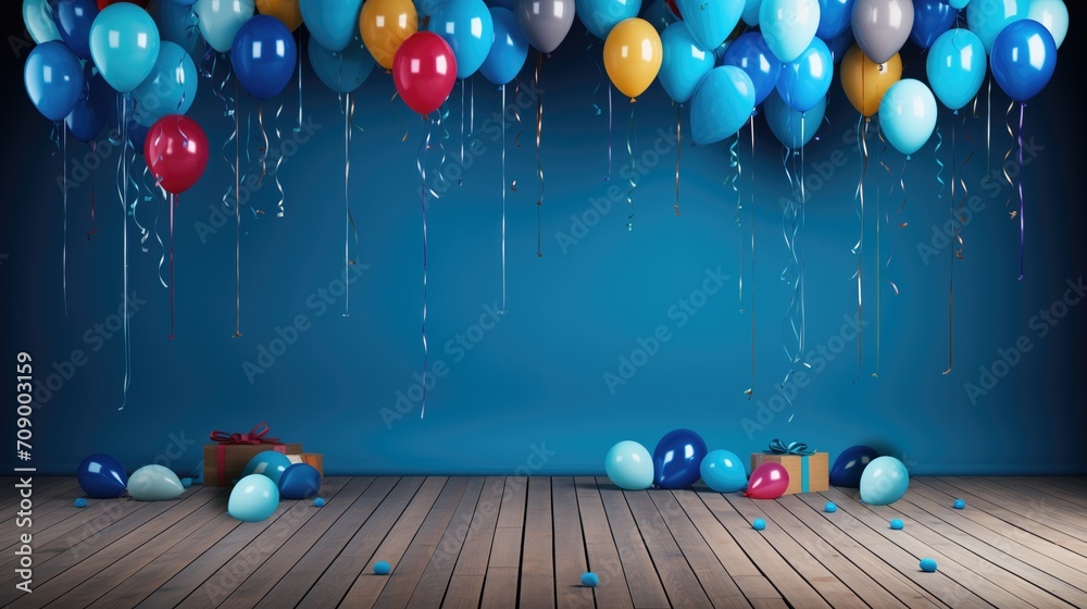 conjunto de globos de colores con lazo posado sobre suelo de madera y fondo de color azul con confeti - obrazy, fototapety, plakaty 
