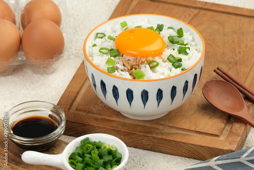 tamago kake gohan or Japanese warm rice with a raw egg 