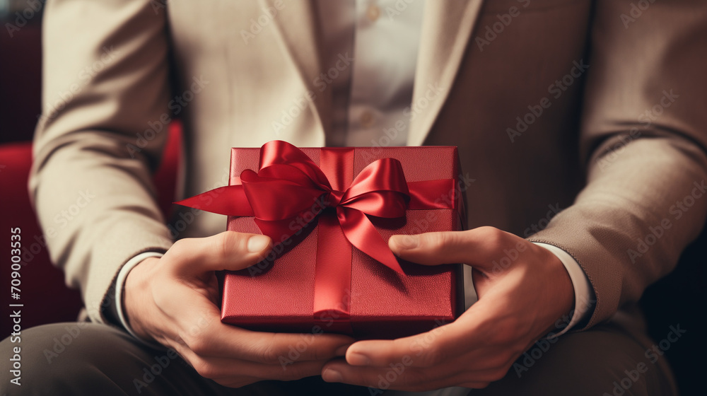 赤いプレゼントを両手に持つ男性の手元のクローズアップ写真