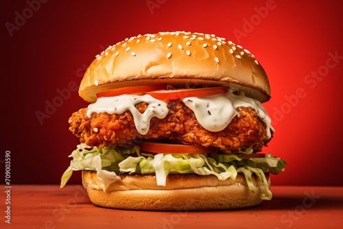fried chicken burger with lettuce, mozzarella sauce, coleslaw, and tomato slices   © Muhammad Hammad Zia