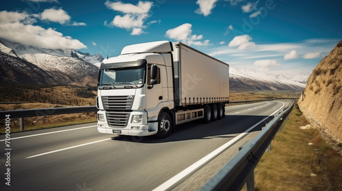 A scenic view of a truck cruising on the road with majestic mountains in the backdrop. Perfect for travel, transportation, and adventure-themed designs. Ideal for web graphics and printed materials.