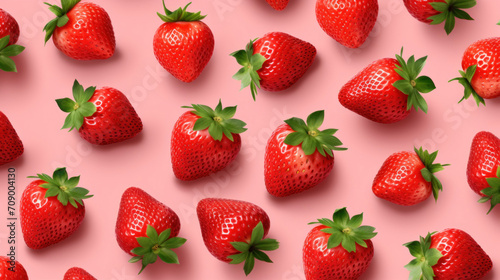 Ripe strawberries spread out on a vivid pink background, offering a burst of color and a sense of summertime sweetness.