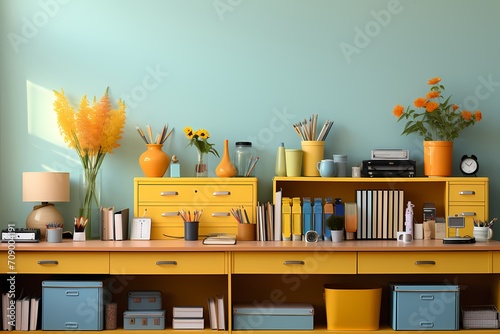 Clean composition featuring school textbooks and highlighters on a pastel yellow desk
