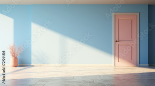 Violet colored interior, empty room with door. Pastel colour palette. Minimalist contemporary concept. Generative AI