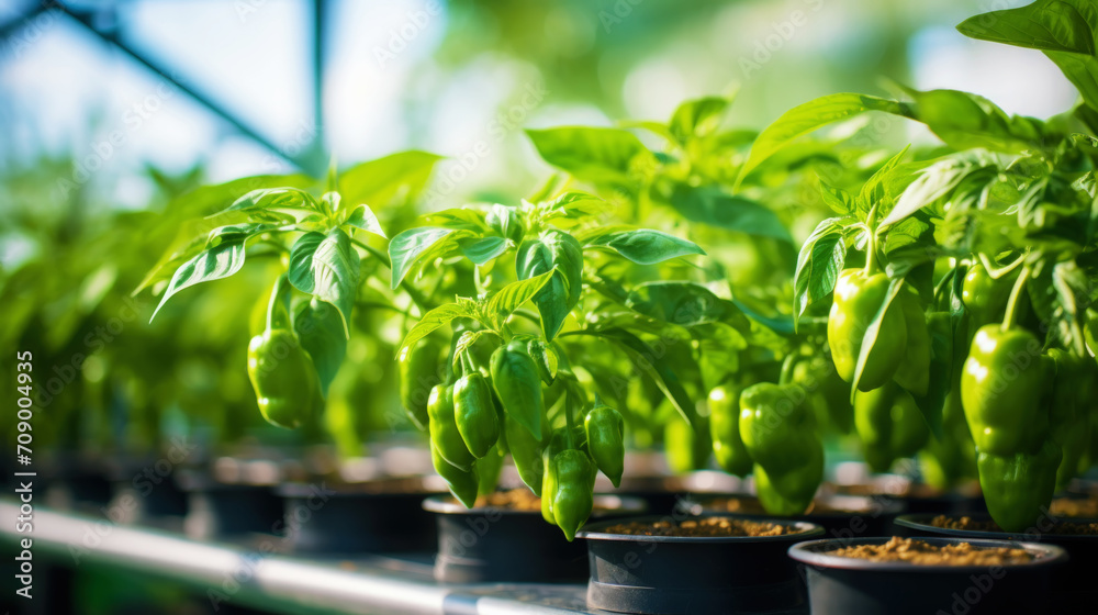 Growing organic green peppers in a greenhouse. Healthy vegetables concept. Generative AI Growing organic green peppers in a greenhouse. Healthy vegetables concept. Generative AI