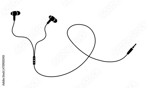 Headphone with wire. Black silhouette with small earphones and connector. Listen music. Headphone and cord.