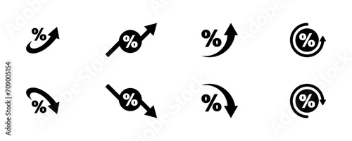 Set of percentage arrows vector icons. Black percent arrow with up and down. Growth and decrease. Arrows with increase or reduce. photo
